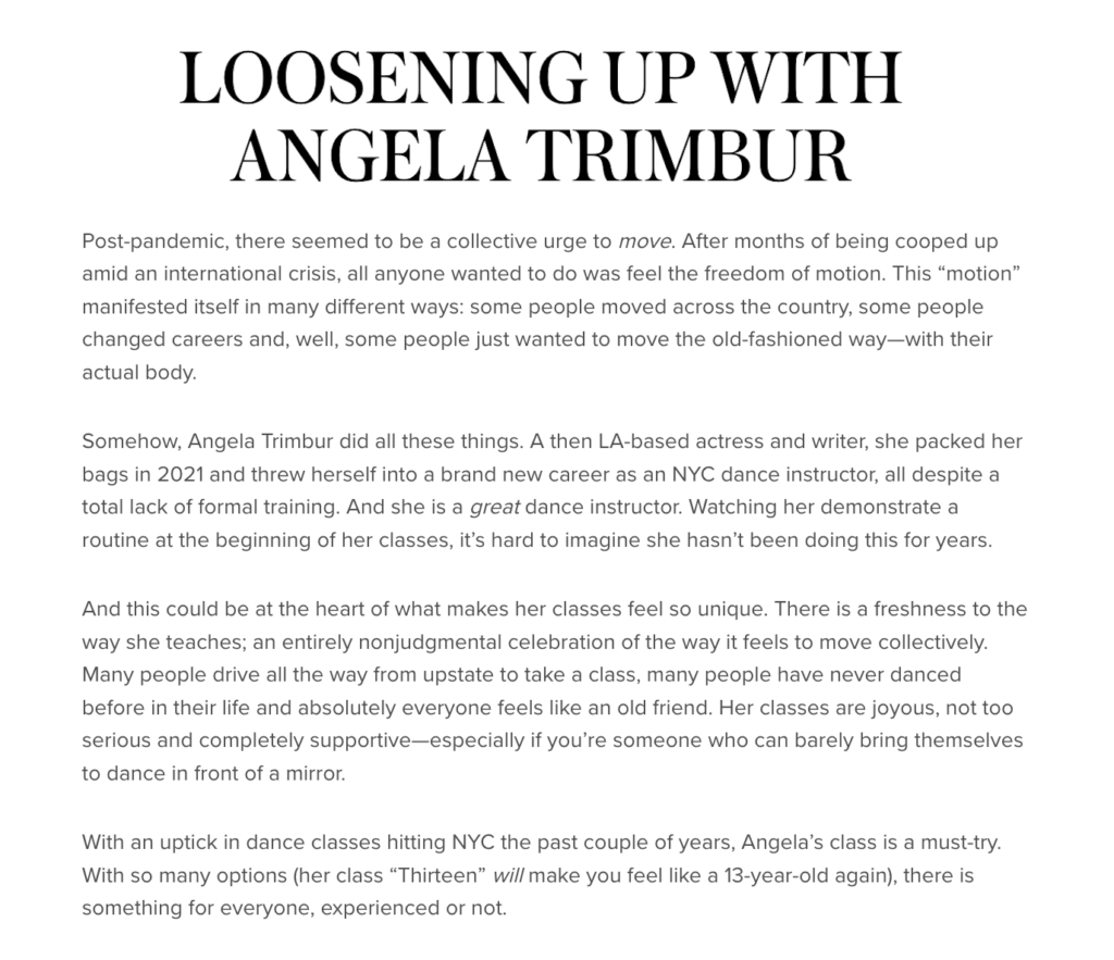 Loosening up with Angela Trimbur screenshot of article
